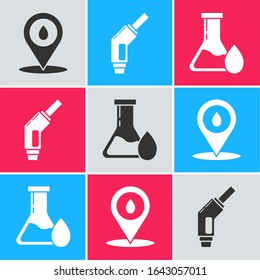 Set Refill petrol fuel location, Gasoline pump nozzle and Oil petrol test tube icon. Vector