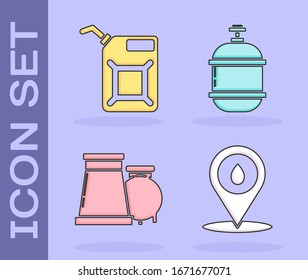 Set Refill Tankstelle, Behälter für Benzin, Öl- und Gasindustrie Fabrikgebäude und Propan Tanksymbol. Vektorillustration