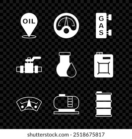 Ajuste a localização do combustível de reabastecimento de gasolina, medidor de gás motor, estação de abastecimento de gás, armazenamento de tanque de óleo, óleo de barril, tubos metálicos e válvula e ícone de tubo de teste. Vetor