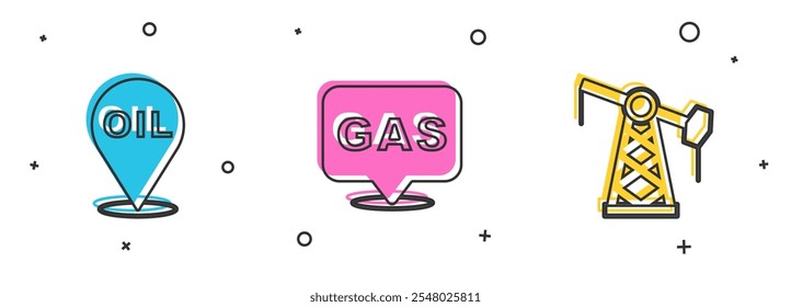 Coloque el ícono de ubicación, Locación y gasolinera de la gasolinera y bomba de aceite o gato de la bomba de gasolina. Vector