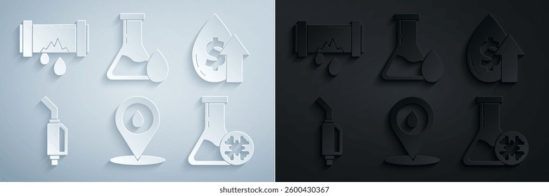 Set Refill petrol fuel location, Oil price increase, Gasoline pump nozzle, Antifreeze test tube,  and Broken metal pipe with leaking water icon. Vector