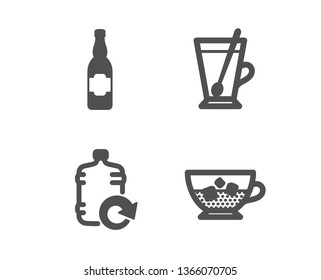 Set of Refill water, Tea mug and Beer bottle icons. Cold coffee sign. Cooler bottle, Cup with teaspoon, Craft beer. Ice cubes in beverage.  Classic design refill water icon. Flat design. Vector