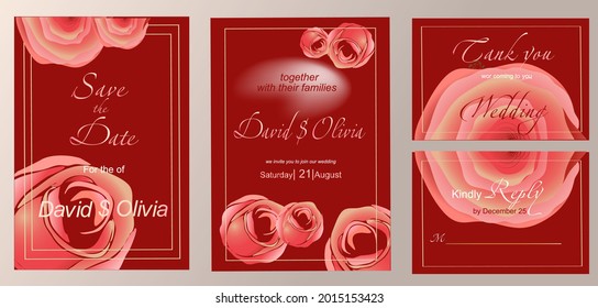 A set of refined wedding invitations with gold and roses