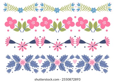 Set of reflection borders of flowers, twigs, leaves, pink purple color, bouquet, flat folk art illustration.