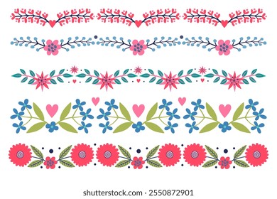 Set of reflection borders of flowers, twigs, leaves, pink purple color, bouquet, flat folk art illustration.