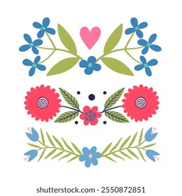 Conjunto de reflejos de flores, ramitas, hojas, color púrpura rosa, ramo, ilustración plana de borde en el arte popular.