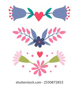 Set of reflections of flowers, twigs, leaves, pink purple color, bouquet, border flat illustration in folk art.