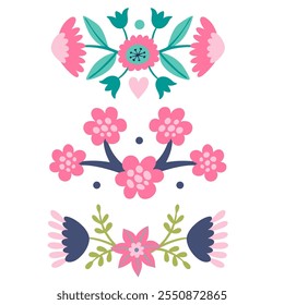 Set of reflections of flowers, twigs, leaves, pink purple color, bouquet, border flat illustration in folk art.