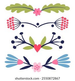 Satz von Reflexionen von Blumen, Zweigen, Blättern, rosa violette Farbe, Bouquet, Rand flache Illustration in der Volkskunst.