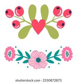 Set of reflections of flowers, twigs, leaves, pink purple color, bouquet, border flat illustration in folk art.