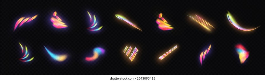 Um conjunto de clarões de néon refratado com brilho holográfico. Adequado para interfaces, design de ficção científica, efeitos de aceleração e elementos abstratos.