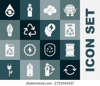 Refrescar, barril, bolsa de papel con reciclaje, lluvia de nube, símbolo de reciclaje, hoja de bombilla, agua limpia y cabeza e icono eléctrico. Vector