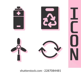 Set Refresh, Battery, Wind turbine and Paper bag with recycle icon. Vector