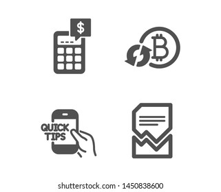 Set of Refresh bitcoin, Education and Calculator icons. Corrupted file sign. Update cryptocurrency, Quick tips, Money management. Damaged document.  Classic design refresh bitcoin icon. Flat design