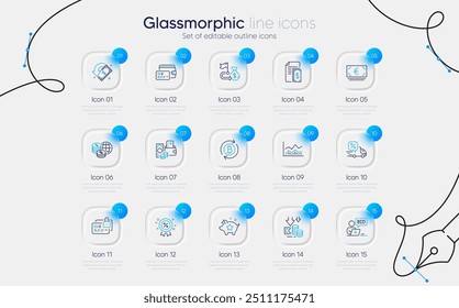 Conjunto de refrescar bitcoin, puntos de fidelidad y cambiar los iconos de línea de dinero para el App de Web. Deflación, infografía comercial, iconos de subastas en línea. Moneda del euro, Objetivo financiero, Signos de pago. Tarjeta. Vector