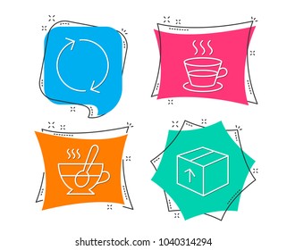Set of Refresh, Coffee cup and Tea cup icons. Package sign. Rotation, Tea mug, Coffee with spoon. Delivery pack.  Flat geometric colored tags. Vivid banners. Trendy graphic design. Vector