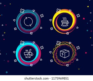Set of Refresh, Coffee cup and Tea cup icons. Package sign. Rotation, Tea mug, Coffee with spoon. Delivery pack.  Circle banners with line icons. Gradient colors shapes. Vector
