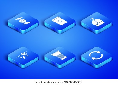 Set Refresh, Hands holding Earth globe, Paper glass, Problem of pollution planet, Trash can and Bottle liquid soap icon. Vector