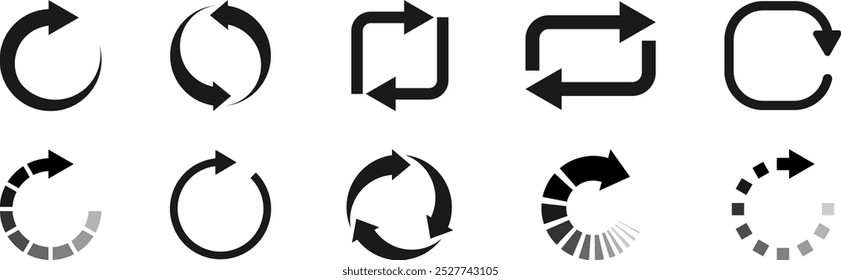 Conjunto de iconos de actualización aislados sobre fondo blanco. Colección recarga símbolo de signo. Actualizar conjunto de iconos. Volver a cargar el Vector de iconos. Icono de Actualizar. Conjunto de flechas circulares girando. Símbolo giratorio en el sentido de las agujas del reloj.