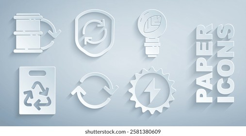 Set Refresh, Light bulb with leaf, Paper bag recycle, Solar energy panel, Recycle symbol inside shield and Eco fuel barrel icon. Vector