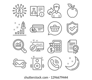 Set of Refresh mail, Finance calculator and Development plan icons. Certificate, Technical algorithm and Data analysis signs. Shopping cart, Speakers and Payment method symbols. Vector