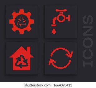 Set Refresh, Recycle symbol and gear, Water tap and Eco House with recycling symbol icon. Vector