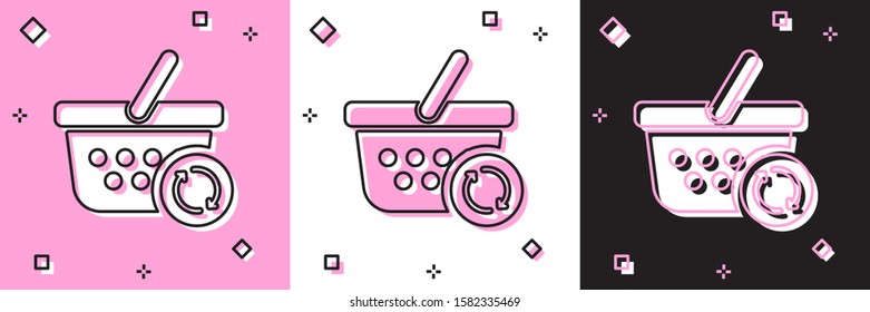 Set Refresh shopping basket icon isolated on pink and white, black background. Online buying concept. Delivery service sign. Update supermarket basket.  Vector Illustration