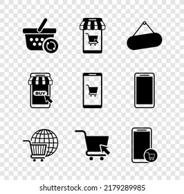 Set Refresh Shopping Basket, Mobile And Cart, Signboard Hanging, Shopping With Globe, Cursor,  And  Icon. Vector