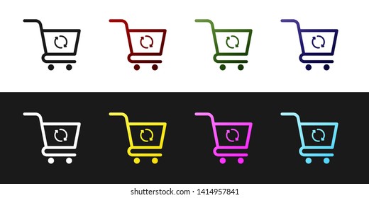 Set Refresh shopping cart icon isolated on black and white background. Online buying concept. Delivery service sign. Update supermarket basket symbol. Vector Illustration