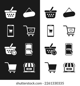 Set Refresh shopping cart, Mobile and, Shopping basket, Signboard hanging, Online and  icon. Vector