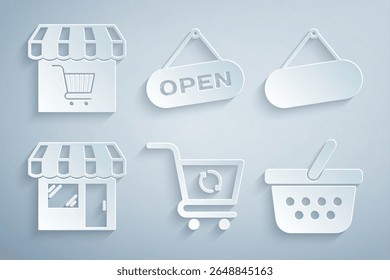 Set Refresh shopping cart, Signboard hanging, Market store, Shopping basket, Hanging sign with Open door and  icon. Vector