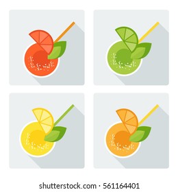 Set of refreshing citrus drinks. Bright summer cocktails with lime and lemon, orange and grapefruit. Flat vector cartoon illustration. Objects isolated on a white background.