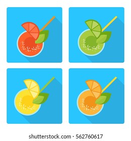 Set of refreshing citrus drinks. Bright summer cocktails with lime and lemon, orange and grapefruit. Flat vector cartoon illustration. Objects isolated on a white background.
