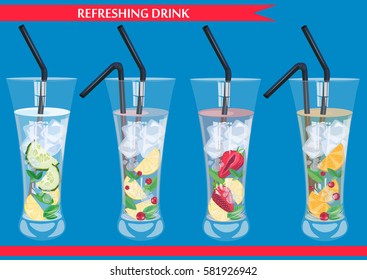 Set of refreshing drinks with cucumber, cranberry, orange, strawberry and mint vector illustration.