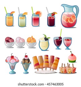 Set of refreshing drinks and desserts from ripe fruits and berries. Vector illustration.