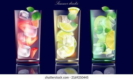 Set of refreshing drinks with fruits and ice