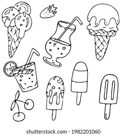 set of refreshing drinks, ice cream and popsicles, vector set of doodle elements with black outline, coloring