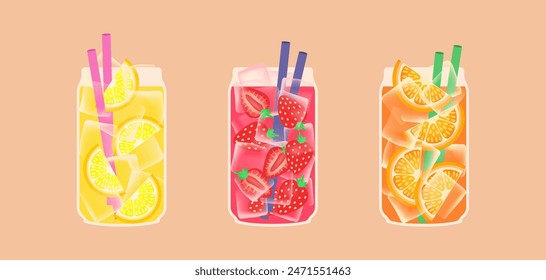 Juego de limonadas refrescantes. Refrescos de verano con fresa, naranja y limón. Ilustración vectorial.