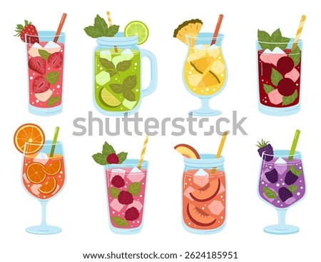 Set of refreshing lemonades. Summer soft drinks with strawberry, orange, lemon, lime, pineapple, cherry, blackberry, peach. Vector illustration.