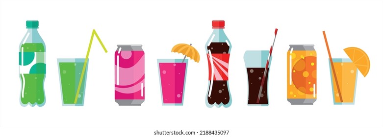 Set of refreshing soda in cartoon style. Vector illustration of summer drinks in bottle, can, glass with straw on white background.