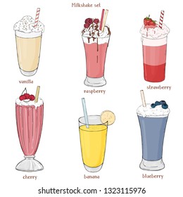 Set of refreshing summer drinks. Milkshakes of fruits and berries on white background. Colorful vector illustration in sketch style.