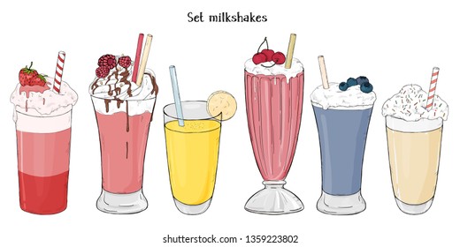 Set of refreshing summer drinks. Milkshakes of fruits and berries on white background. Colorful vector illustration in sketch style.