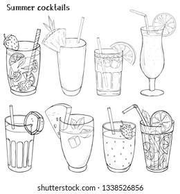 Set of refreshing summer drinks. Silhouettes of different cocktails and juices in glass cups. Monochrome vector illustration in sketch style. For menu, website, cocktail card, advertising.