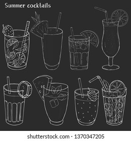 Set of refreshing summer drinks. Silhouettes of different cocktails and juices in glass cups. Vintage vector illustration in chalkboard style. For menu, website, cocktail card, advertising.