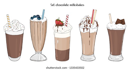 Set of refreshing summer drinks. Various milkshakes with chocolate on white background. Colorful vector illustration in sketch style.