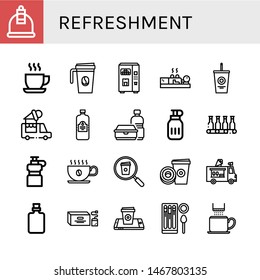 Set of refreshment icons such as Cupping, Cup, Coffee cup, Juice, Soda, Ice cream truck, Plastic bottle, Water bottle, Bottle, Paper cup, Tea bag, Churros , refreshment