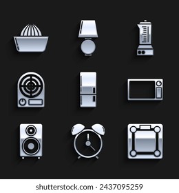 Set Refrigerator, Alarm clock, Bathroom scales, Microwave oven, Stereo speaker, Electric heater, Blender and Citrus fruit juicer icon. Vector
