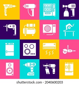 Set Refrigerator, Angle grinder, Table saw for woodwork, Vending machine, Air compressor and Electric drill icon. Vector