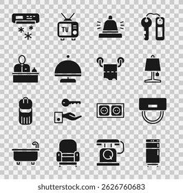 Set Refrigerator, Bellboy hat, Table lamp, Hotel service bell, Covered with tray, reception desk, Air conditioner and Toilet paper roll icon. Vector