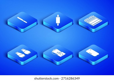 Refrigerador, cuchillo de pan, licuadora, sal y pimienta, rodillo e icono de horno. Vector